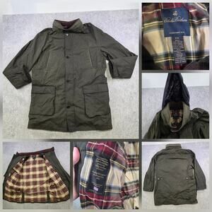 Brooks Brothers Coat Mens 2XL Green Waxed Cotton Hooded Plaid Lined Leather Trim